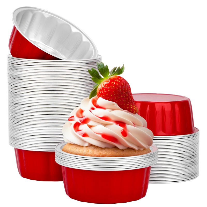 Beasea Disposable Aluminum Foil Cups 100 Pack, 8 oz 235ml 3.9" Bake Ramekin Cup Muffin Cupcake Baking Cup Mini Pudding Cups for Party Wedding Birthday - Red - Image 1